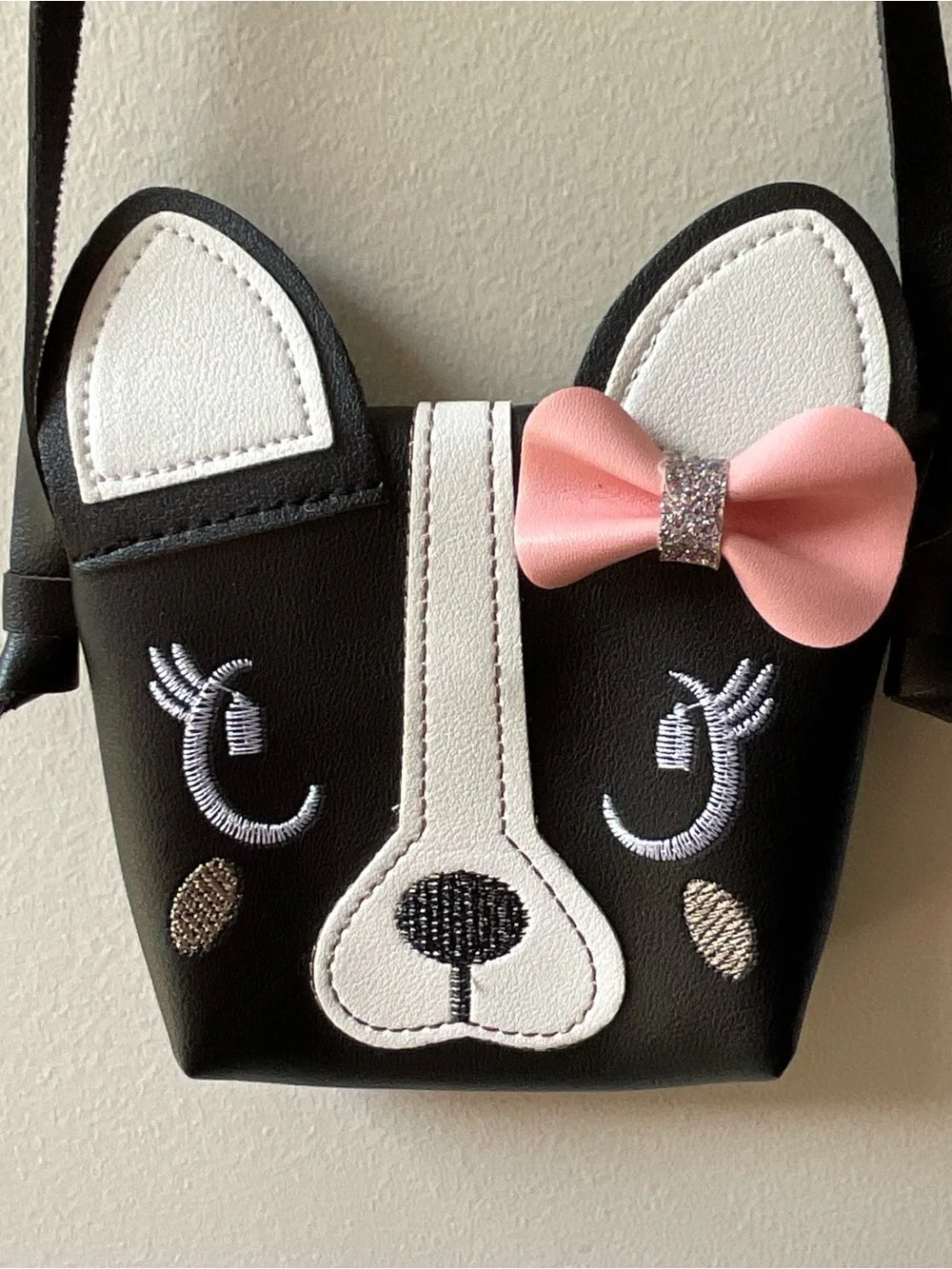 Kids Black Dog Face Crossbody Bag with Pink Bow